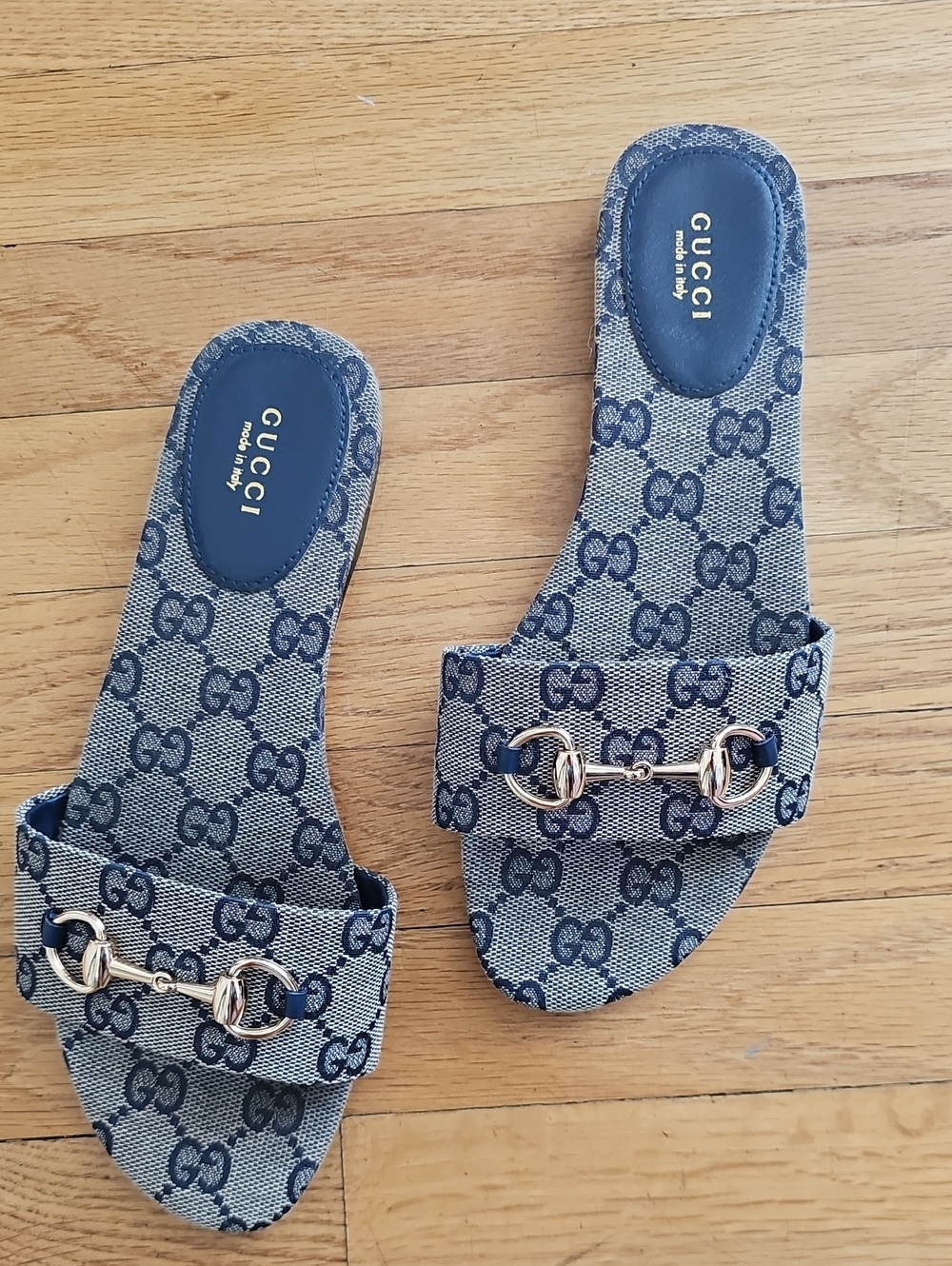 Blue Logo Slide Sandals with Gold Horsebit